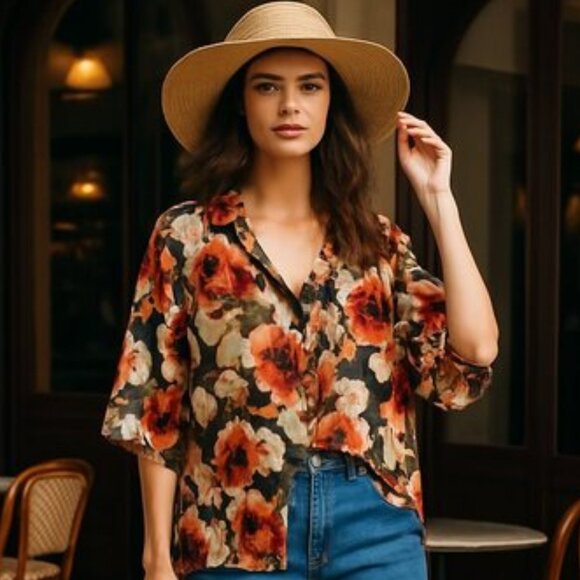 Isaac Mizrahi Womens Floral Y2K Sheer relaxed fit Blouse Size Med - Picture 2 of 7